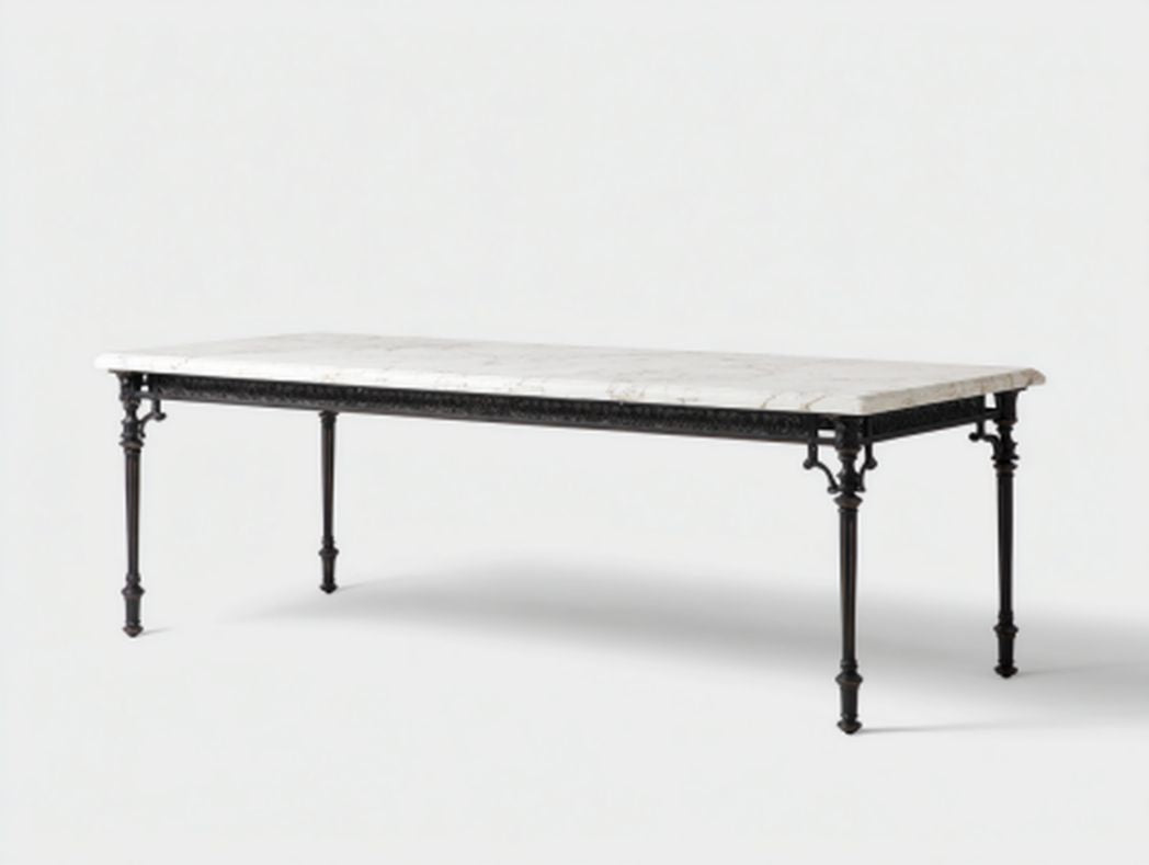 Esstisch mit Marmorplatte für gastronomische Nutzung aus Metall und Stein 200 x 100 x 75